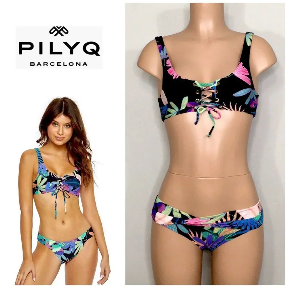 New. PILYQ multicolored palm leaf bikini.